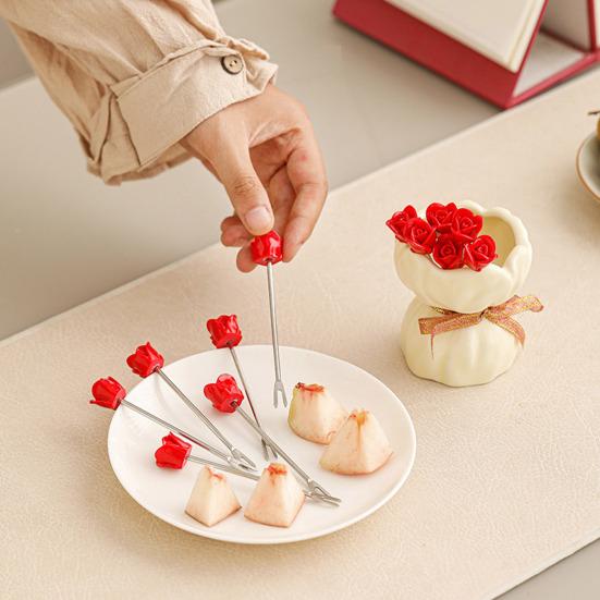 Rose Ceramic Fruit Fork Set with Storage Jar Creative Dessert Picks Practical Fruit Serving Utensils for Appetizers Cheese Snacks