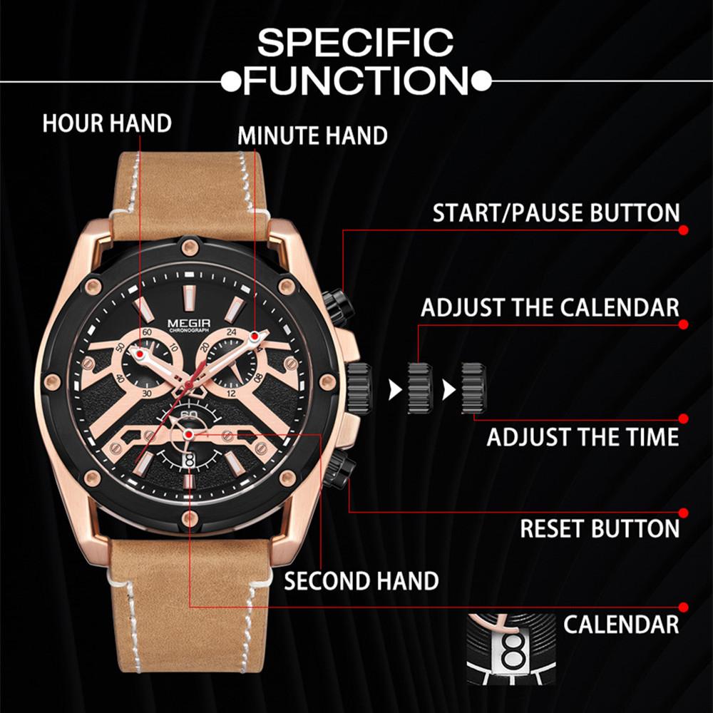 Megir Offizielle Quarz Männer Uhren Mode Echtes Leder Chronograph Militär Uhr Uhr Männer Relogio Masculino Erkek Kol Saati