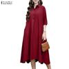 ZANZEA Women Casual Turn Down Collar 3/4 Sleeve Loose Dress
