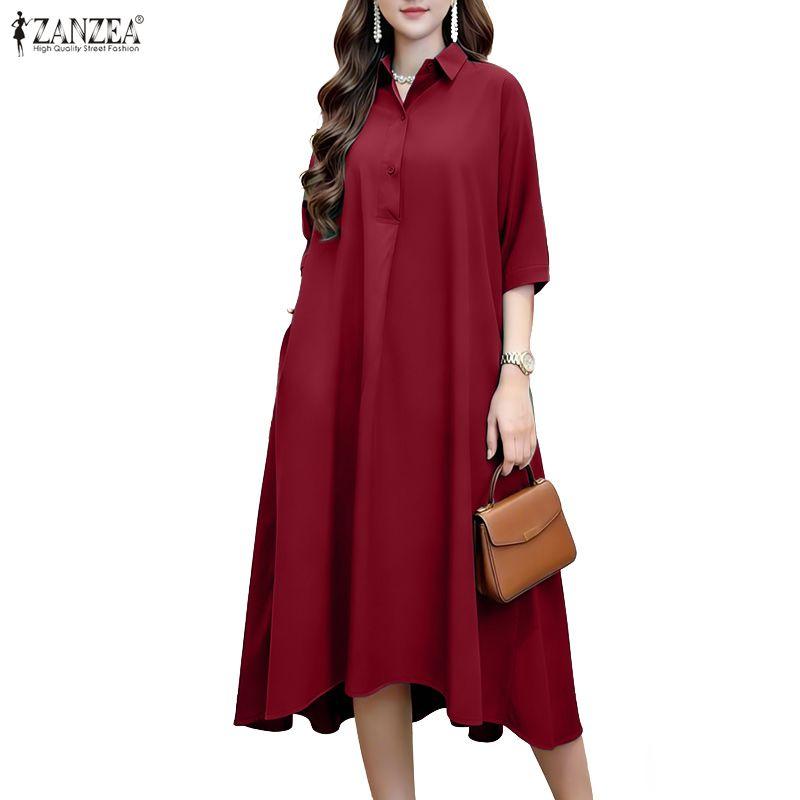 ZANZEA Women Casual Turn Down Collar 3/4 Sleeve Loose Dress