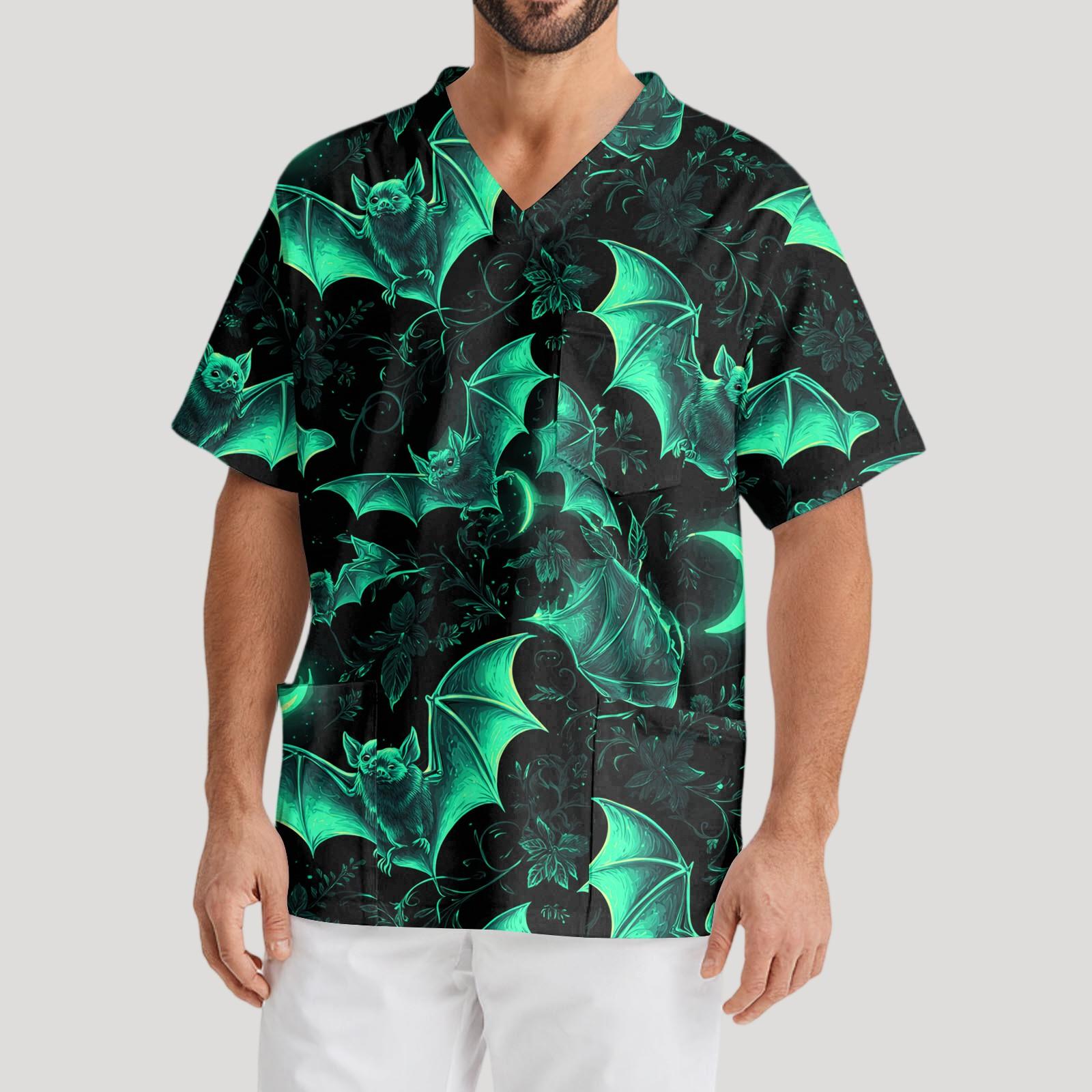 

Мужская рабочая блузка с короткими рукавами и v-образным вырезом с принтом, топ с нагрудным карманом L зелёный