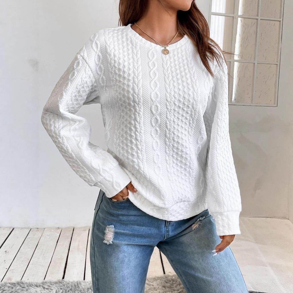 2025 Women's Versatile Solid Color Textured Loose Drop Shoulder Sweatshirt - Spring & Autumn Style