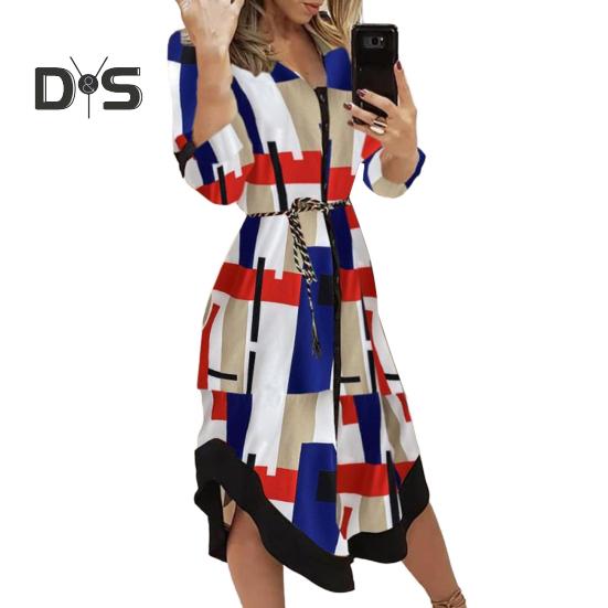 

Женское платье миди на пуговицах с V-образным вырезом, длинными рукавами, шнуровкой и принтом, летний повседневный наряд для повседневной носки, коктейльной вечеринки в клубе M синий