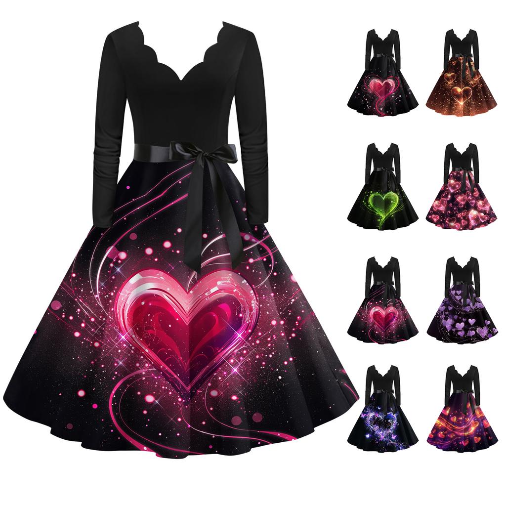 Damen Casual Mode Langarm Grafikdruck Vintage Lange Kleider