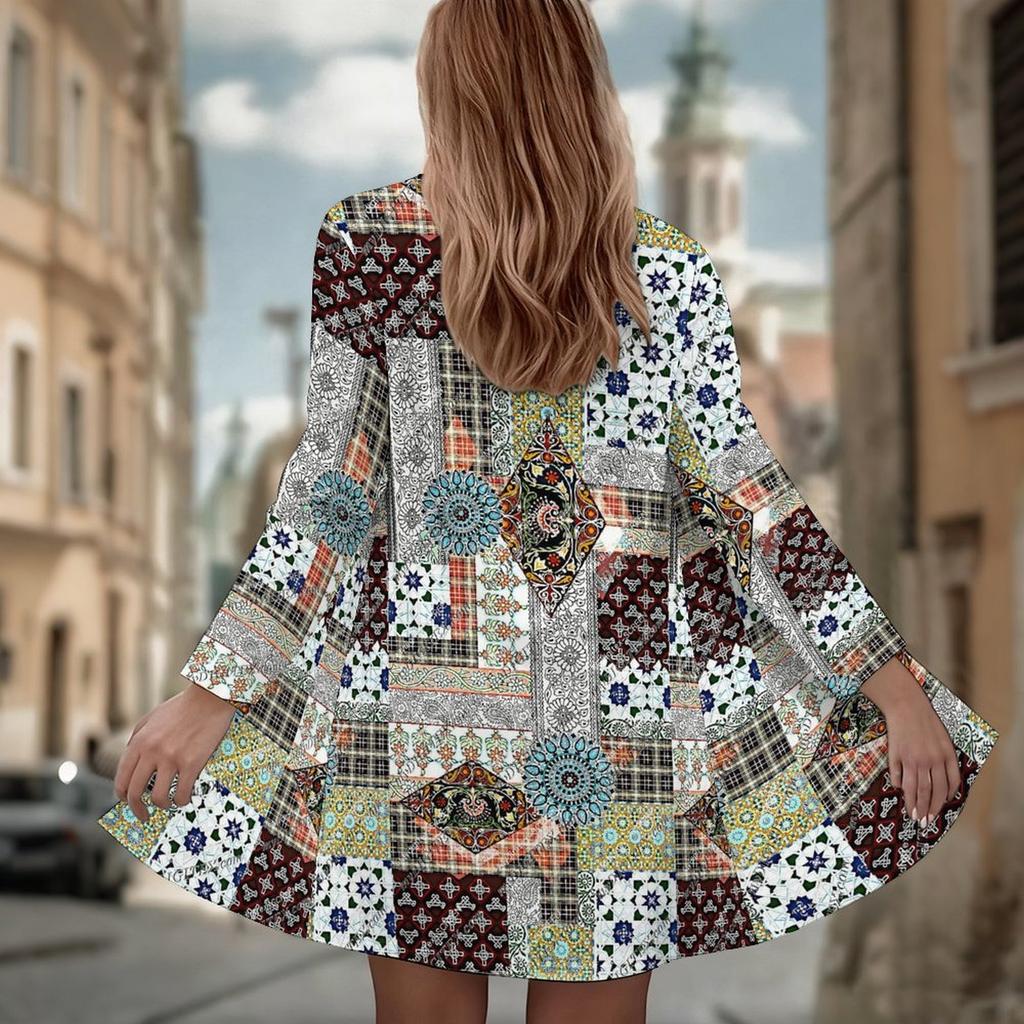 Women's Ethnic Patchwork 3D Print Long Sleeve Open Front Cardigan, Casual Loose Fit Lightweight Street Style Outerwear