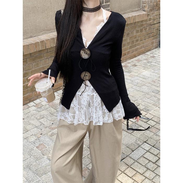 

Early Autumn Women s Fashion Suit: V-Neck Slim Fit Knitted Top & High-Waist Wide-Leg Pants Extra Large