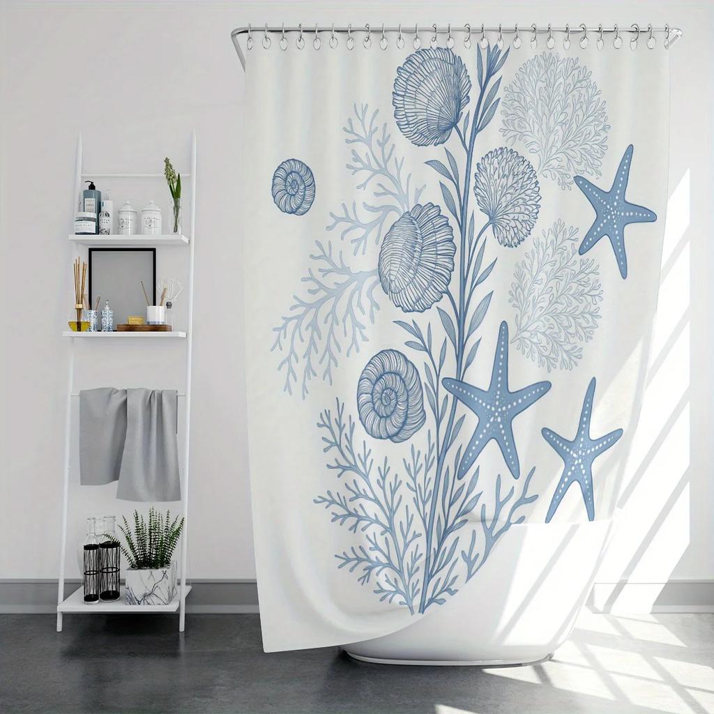 1 x Ocean Elements Duschdraperi med sjöstjärne- och snäcktryck - Blå och vit nautisk design, Polyester, med krokar, för badrum