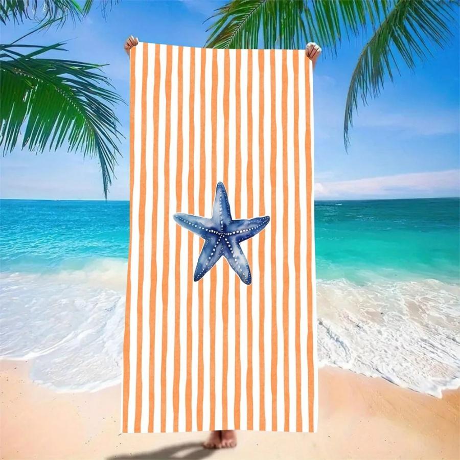 Beach Towel Sand Free Quick Dry Microfiber Starfish Print Orange White Striped Towels for Adults Pool Swim Camping Travel