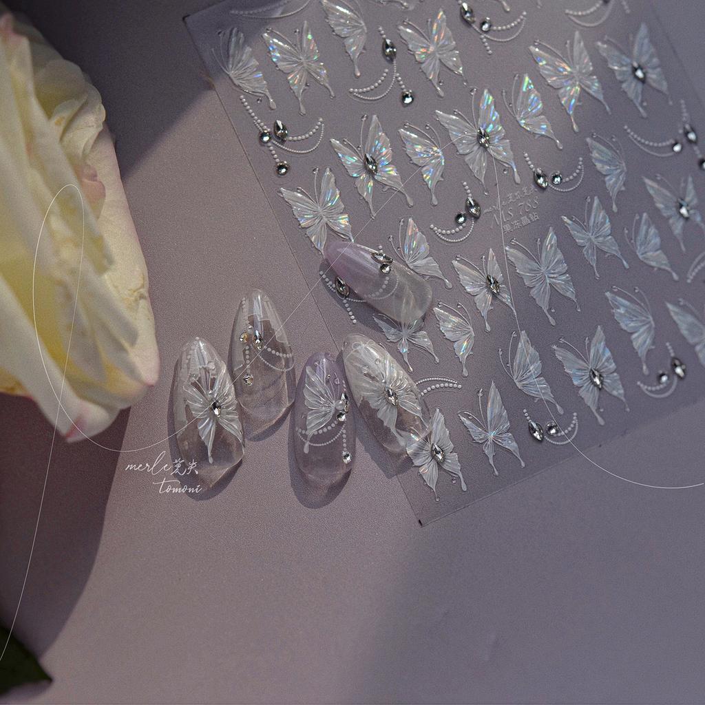1 Piece 5D Retro Colorful Hand-painted Butterfly Nail Stickers Shell Light Butterfly Rhinestone Soft Relief Nail Art Stickers