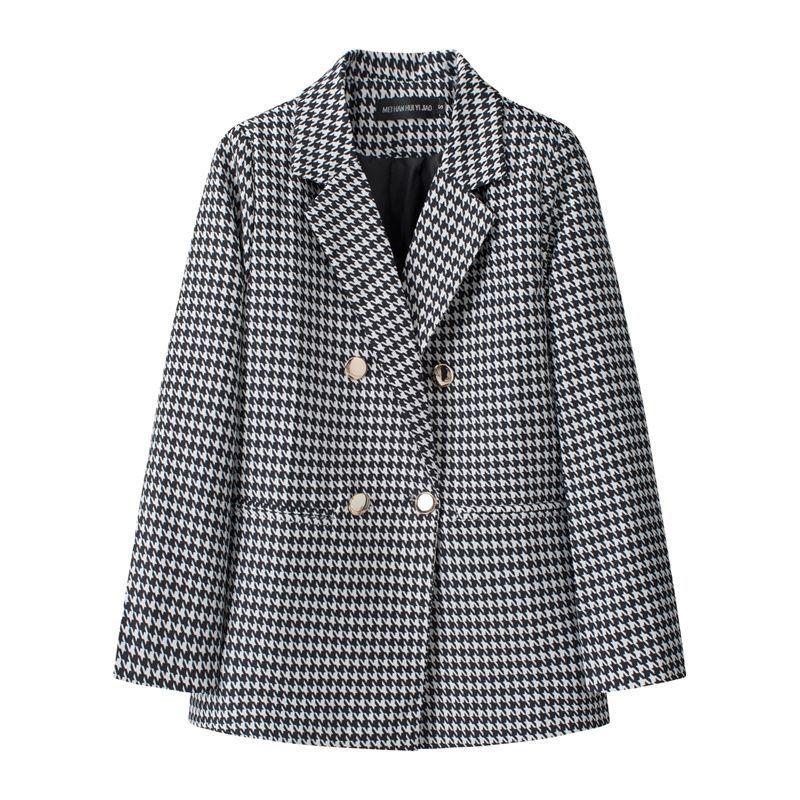 Blazer a Pied de Poule Blu e Bianco Stile Britannico da Donna con Bavero Elegante Cappotto Completo Nuova Collezione Outerwear per Performance