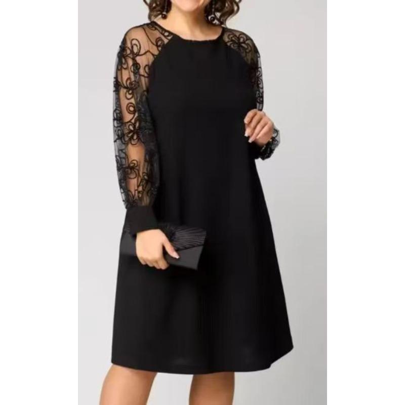 QICED Women s Fashion Solid Color Print Long Sleeve V-Neck Casual Dresses S чёрный