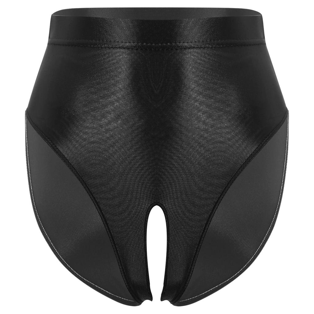Womens Glossy Stretchy Panties High Waist Open Crotch Design Elastic Waist Sexy Underwear Lingerie
