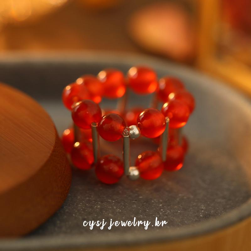 Cui Yan S925 Sterling Silver Korean Style Red Agate Handmade Beaded Ring One Size