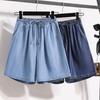 Frauen Sommer Shorts mit weitem Bein, hohe Taille, elastischer Bund, Kordelzug, Taschen, einfarbig, knielange Hose