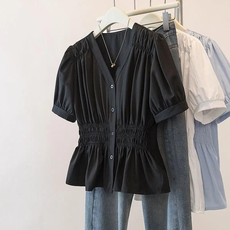 Camicetta Estiva da Donna Scollo a V Vita Camicia Colore Unico Design Taglie Forti Skinny Copri Carne Blusa