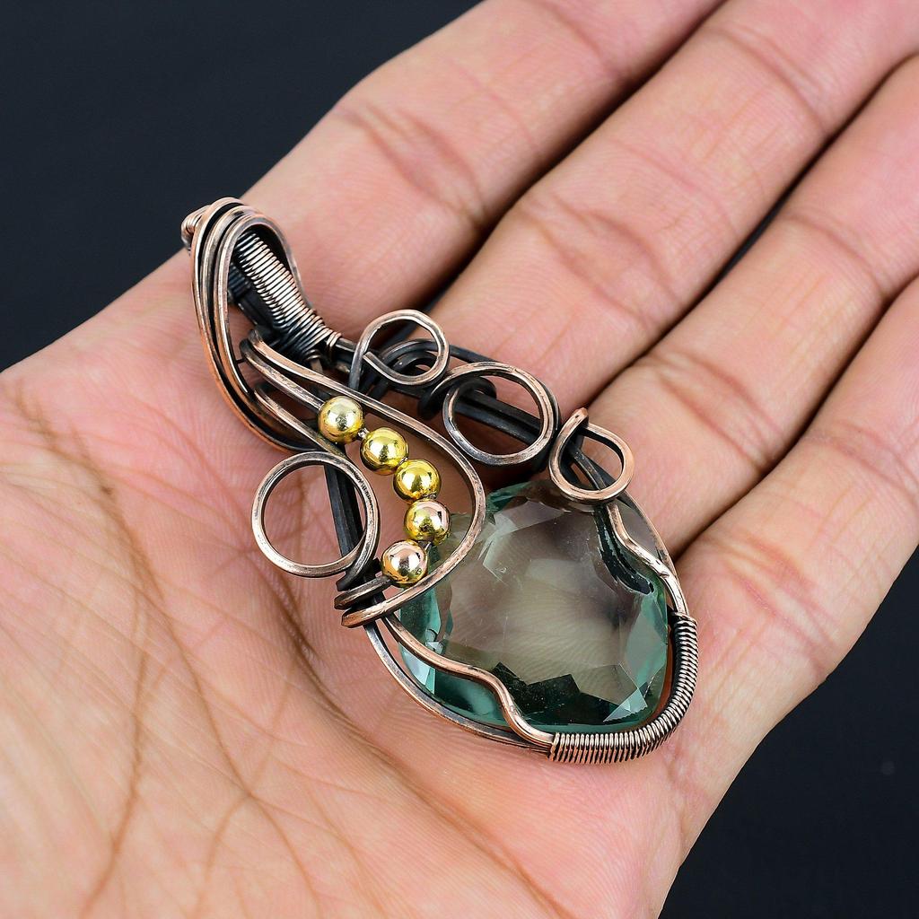 Aquamarine Gemstone Handmade Pure Copper Wire Wrap Jewelry Pendant For Thanksgiving