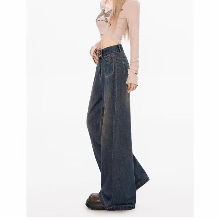 Women's High-Waisted Wide-Leg Double-Breasted Jeans - Retro Versatile Drape Mopping Pants for Spring & Autumn 2025