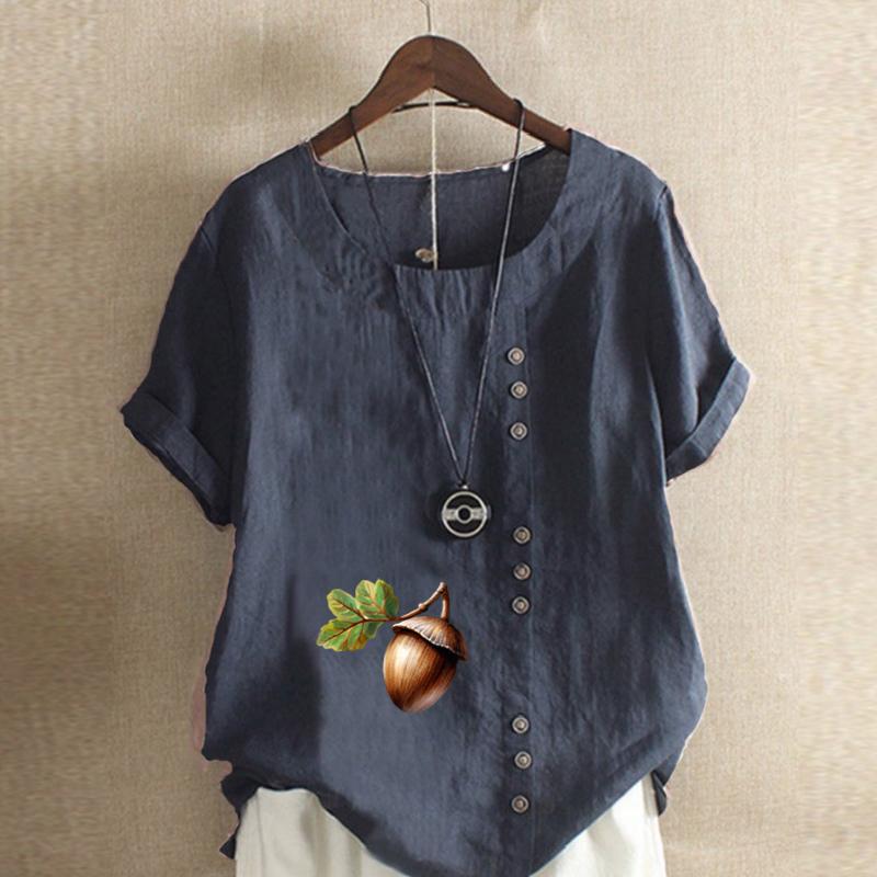 Women's Fashion Stone Hazelnut Prined Round Neck Short Sleeve T-shirt Casual Cotton Linen Graphic Shirt Leisure Loose Summer Blouse Tops