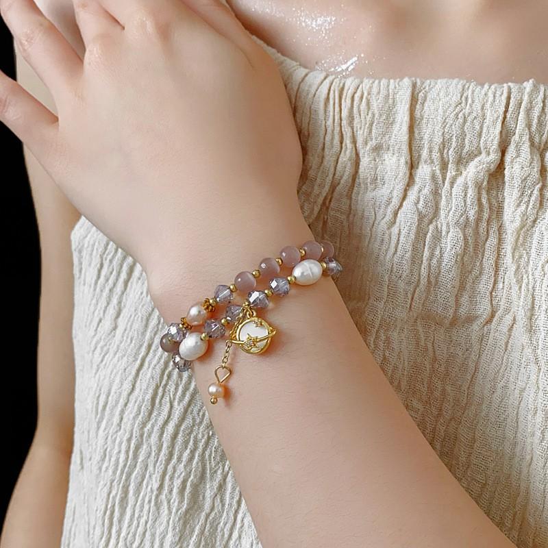 Layered Cats Eye Stone Pearl Bracelet Women Irregular Geometric Design Gold Pink Tone Lightweight Luxury Fashion Accessory