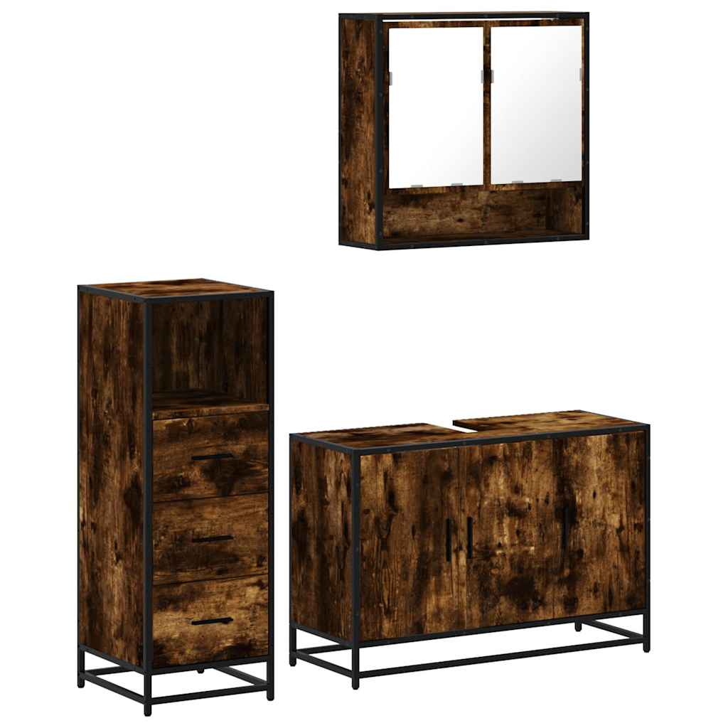 3 Piece Bathroom Furniture Set Smoked Oak Wood Based Panel