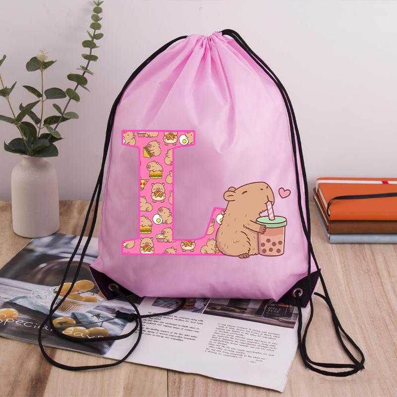 Capibara Girls Drawstring Backpack Cute Capybara Letter A-Z Storage Bag Kids Outdoor Sport Travel Rucksack Children Gifts