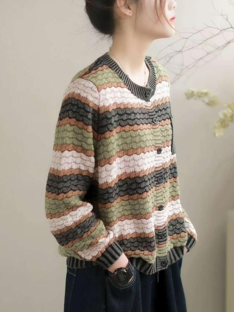 Johnature Women Vintage Knitted Sweaters O-Neck Long Sleeve Striped Spring Soft Patchwork Pockets Sweaters