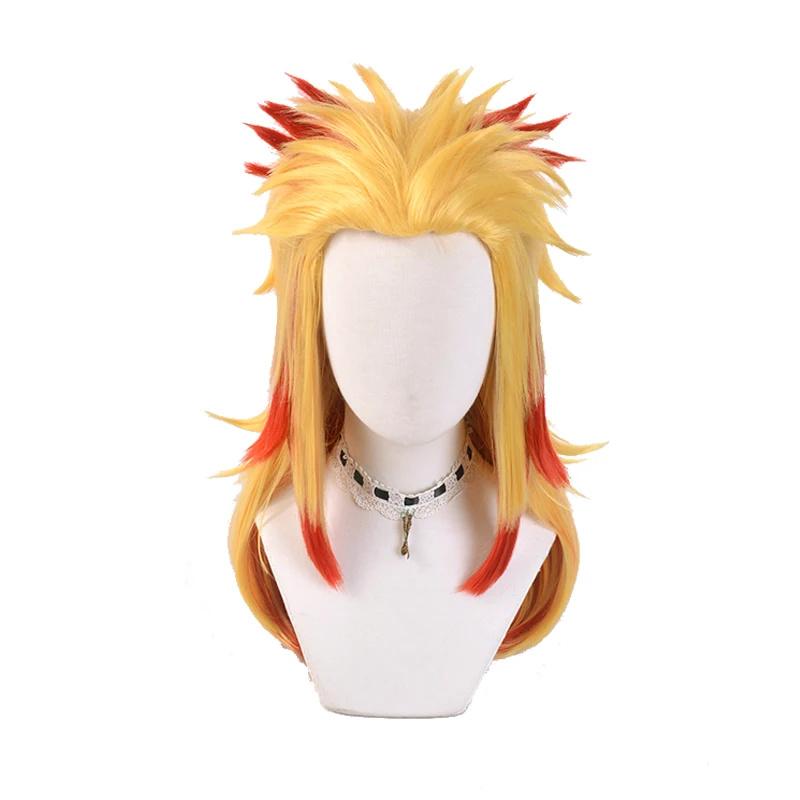 High Quality Anime Cosplay Rengoku Kyoujurou Cosplay Wig Blonde Red Ombre Heat Resistant Hair Pigtail Wigs + WigCap
