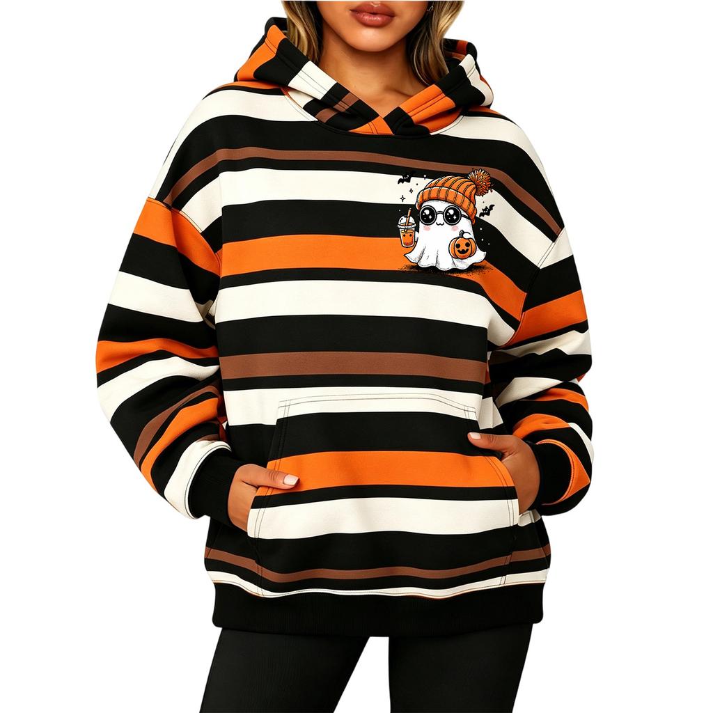 Women's Long Sleeve Striped Print Pullover Hoodie Sweatshirt with Pockets for Halloween