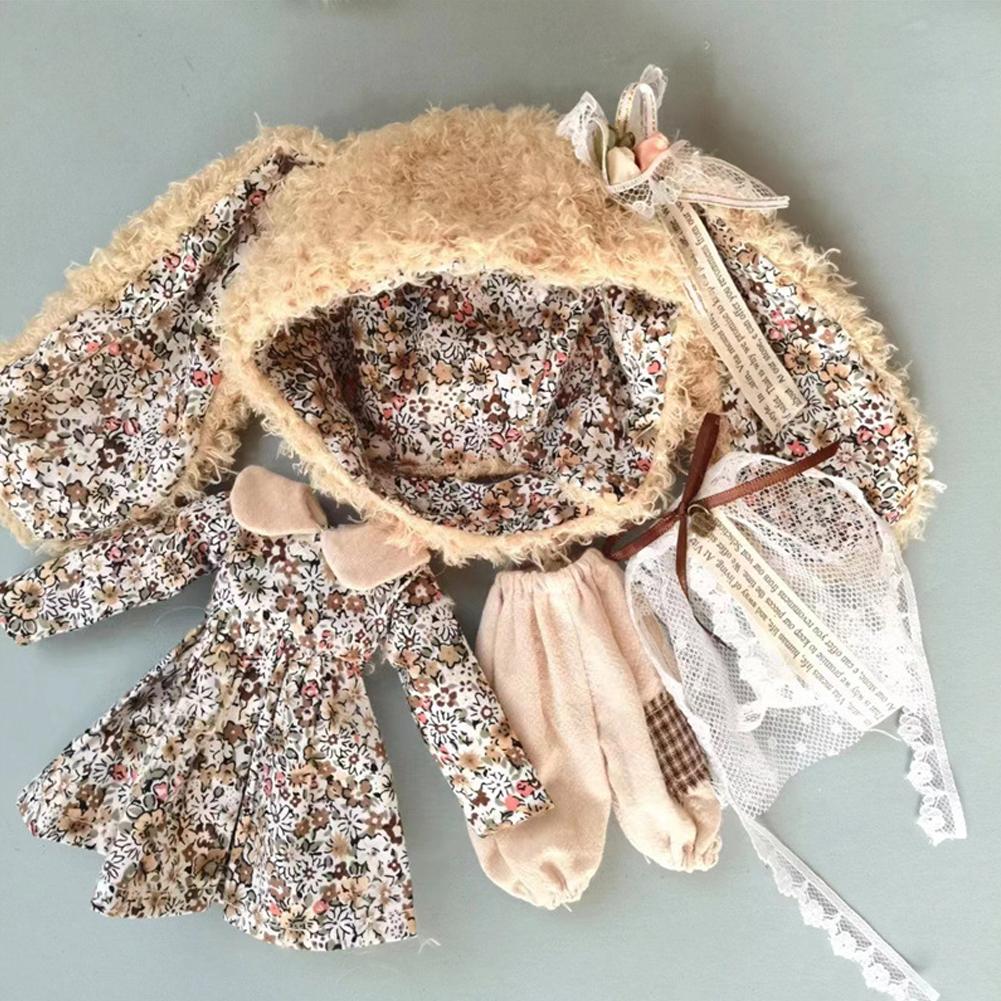 

Платье-юбка для куклы ручной работы со шляпой в виде кролика с большими ушами, платье с цветочным узором для куклы Ob22 Ob24 света кофе