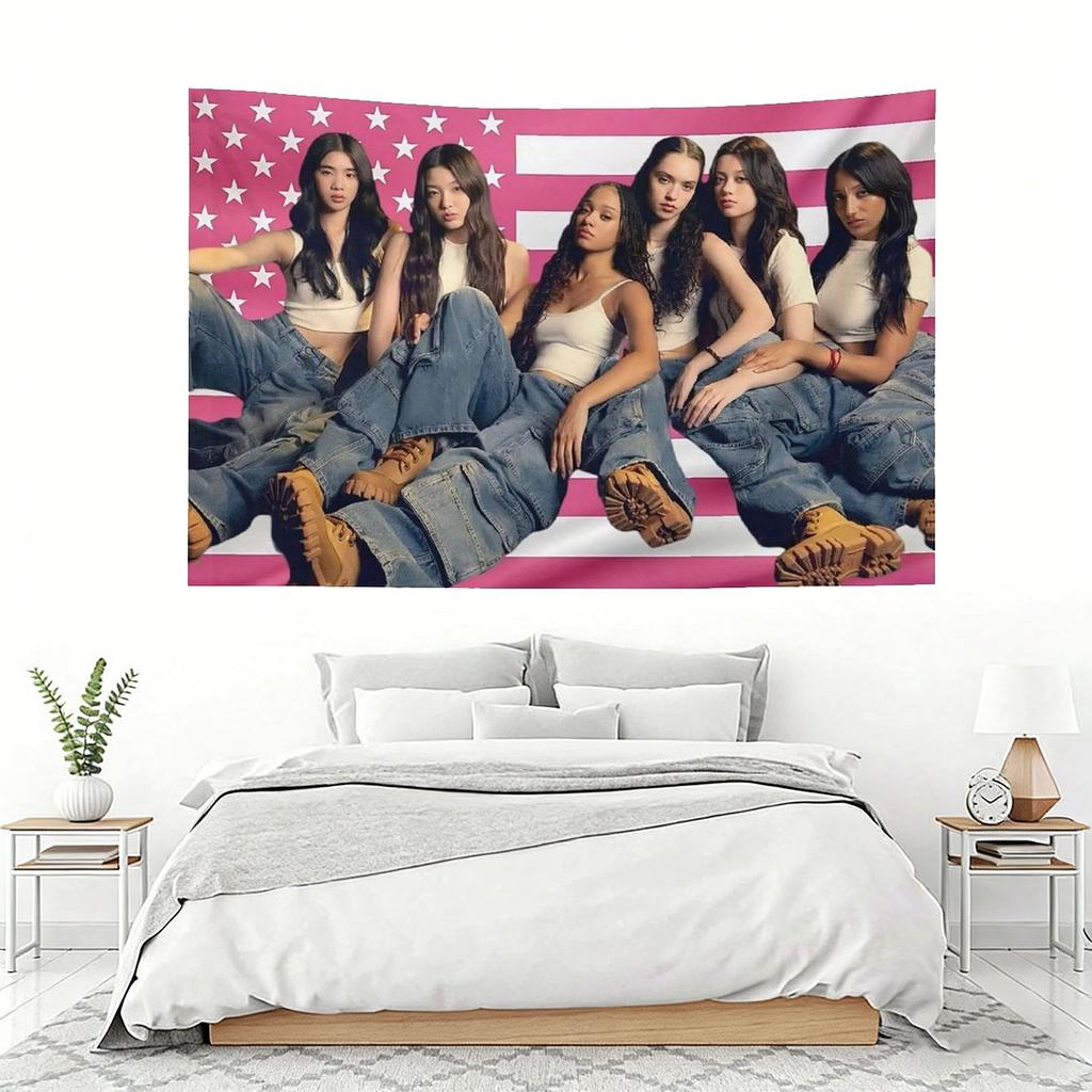 KATSEYE Pink American Flag Tapestry Kpop Girl Group Wall Hanging American Tour Photo Print Decor for Bedroom Dorm Flat Print