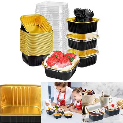 25Pcs 150ml Square Mini Cake Pans with Lids & Spoons Square Dessert Cups Mini Bread Containers for Wedding Birthday Party