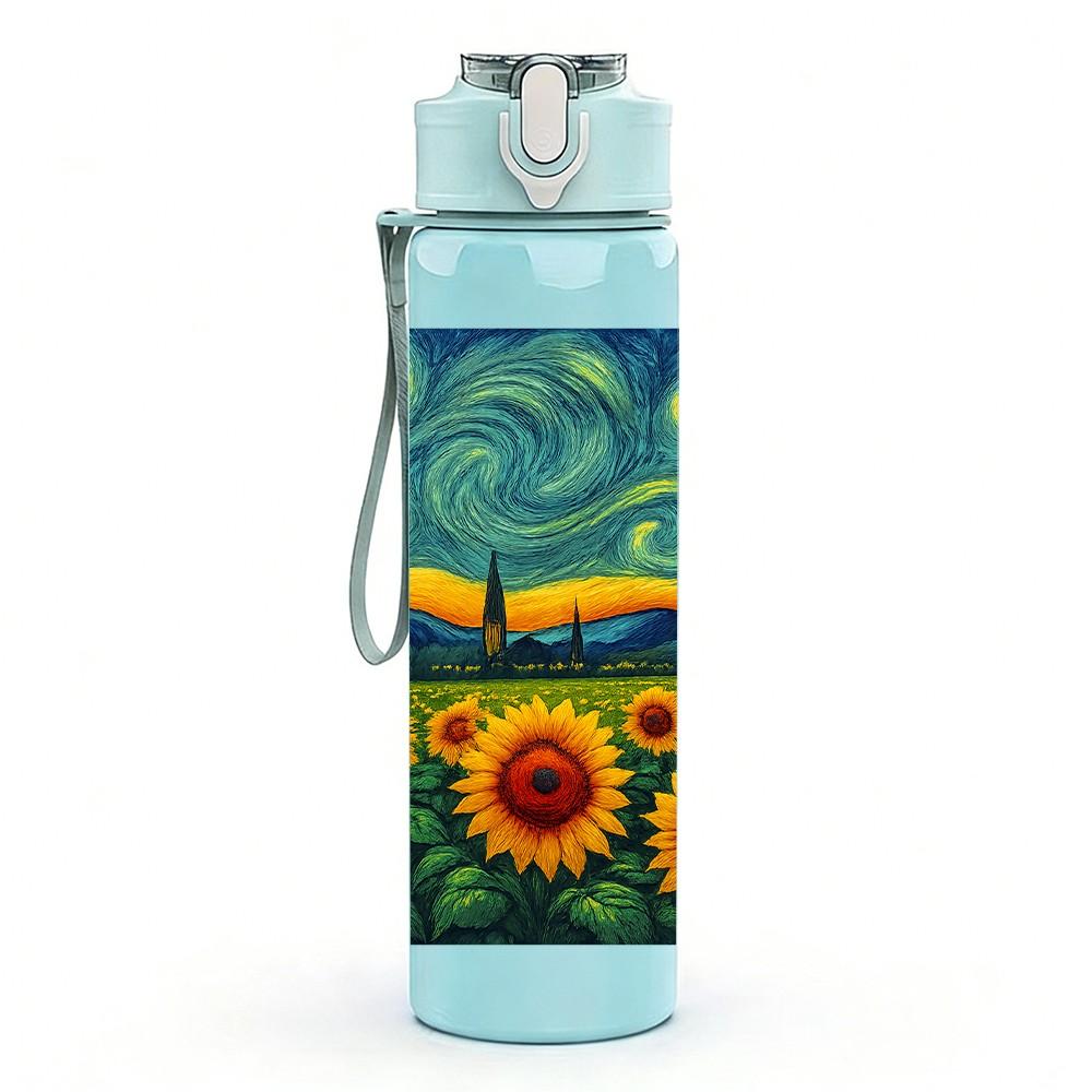 1PC Van Gogh Sunflower Starry Night 750ml Color Plastic Sports Water Bottle Leakproof Flip Straw Lid Suitable for Sports Office Home Use