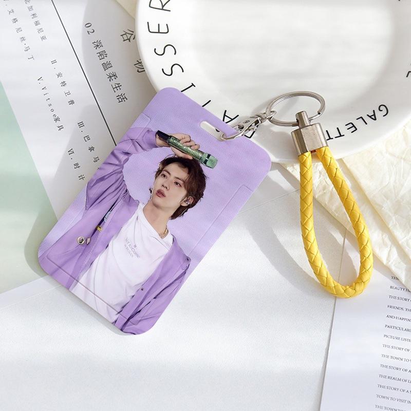 BTS Sliding Photocard Holder, Protective ID Badge Card Case with Braided Keychain Strap, Student Campus Bus Meal Card Protector Merch for ARMY