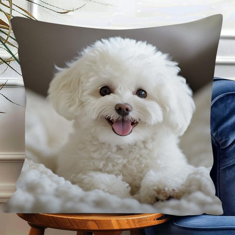 1Pc Bichon Frise Tongue Out Cute Printed Throw Pillow Cover,Suitable For Sofa, Bedroom, Living Room,Healing Gift For Dog Lovers.