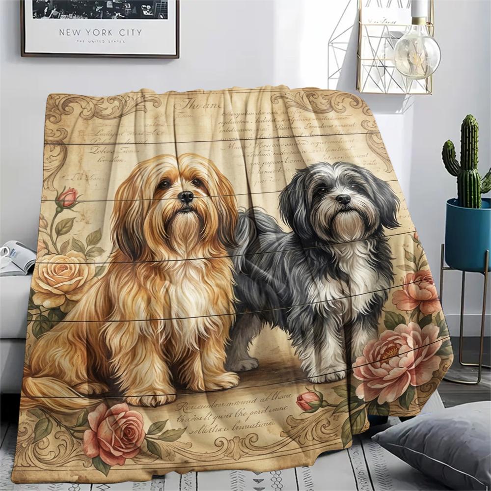 1PC Retro Pet Puppy Print Flannel Blanket, High quality All Seasons, Home Decor, Warmth and Comfort, Perfect for Christmas Gifts