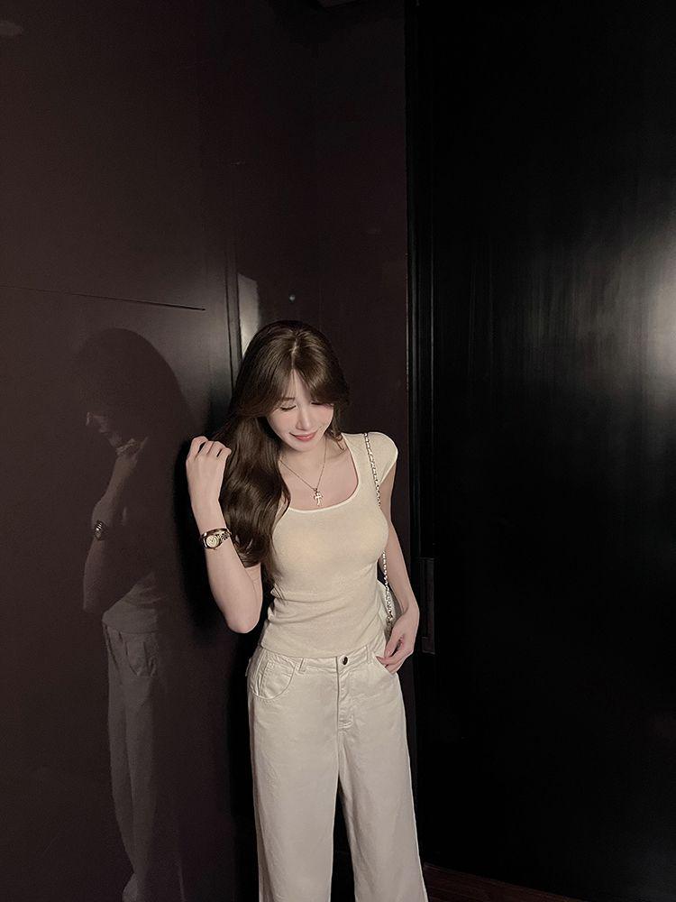 2025 Summer Women's Square Neck Short Sleeve Knit T-Shirt: Spicy Slimming Base Top