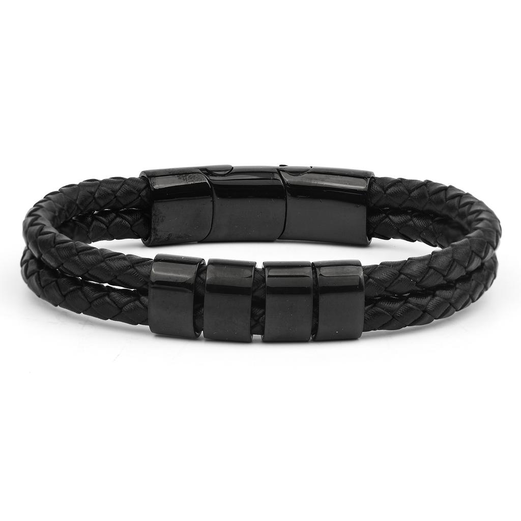 Men's Leather Bracelet Magnetic Tail Buckle Stainless Steel Positioning Ring Engraved Father's Day Gift Double Leather Bracelet