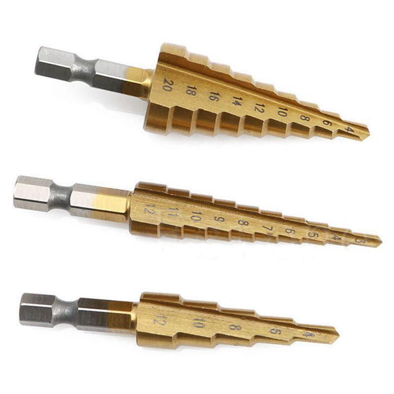 A84E-9 Pcs High-Speed Steel Step Drill Bit Set Power Tools Cone Titanium Coated Metal Hole Cutter 1/4 Inch Hex Shank