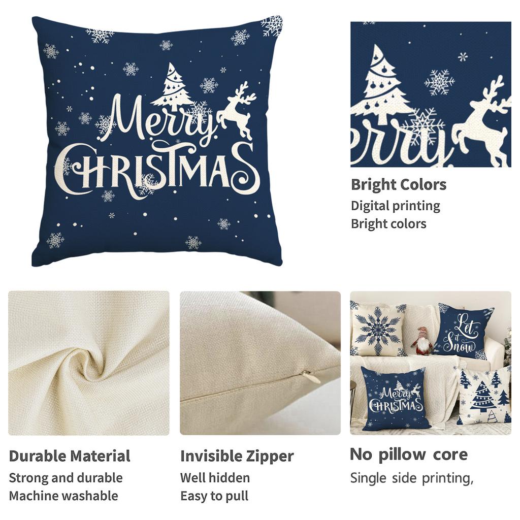 1 \ 4pcs blue Christmas pillow cover, single-sided printed cushion cover, suitable for living room sofas (without pillow core)