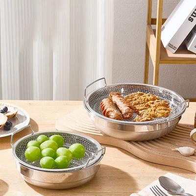 Mehrzweck-Edelstahl-Ölfilterwanne Rostfrei Rund Tempura Abtropfschale mit Griff Netz Heißluftfritteuse Ablagekorb Snack