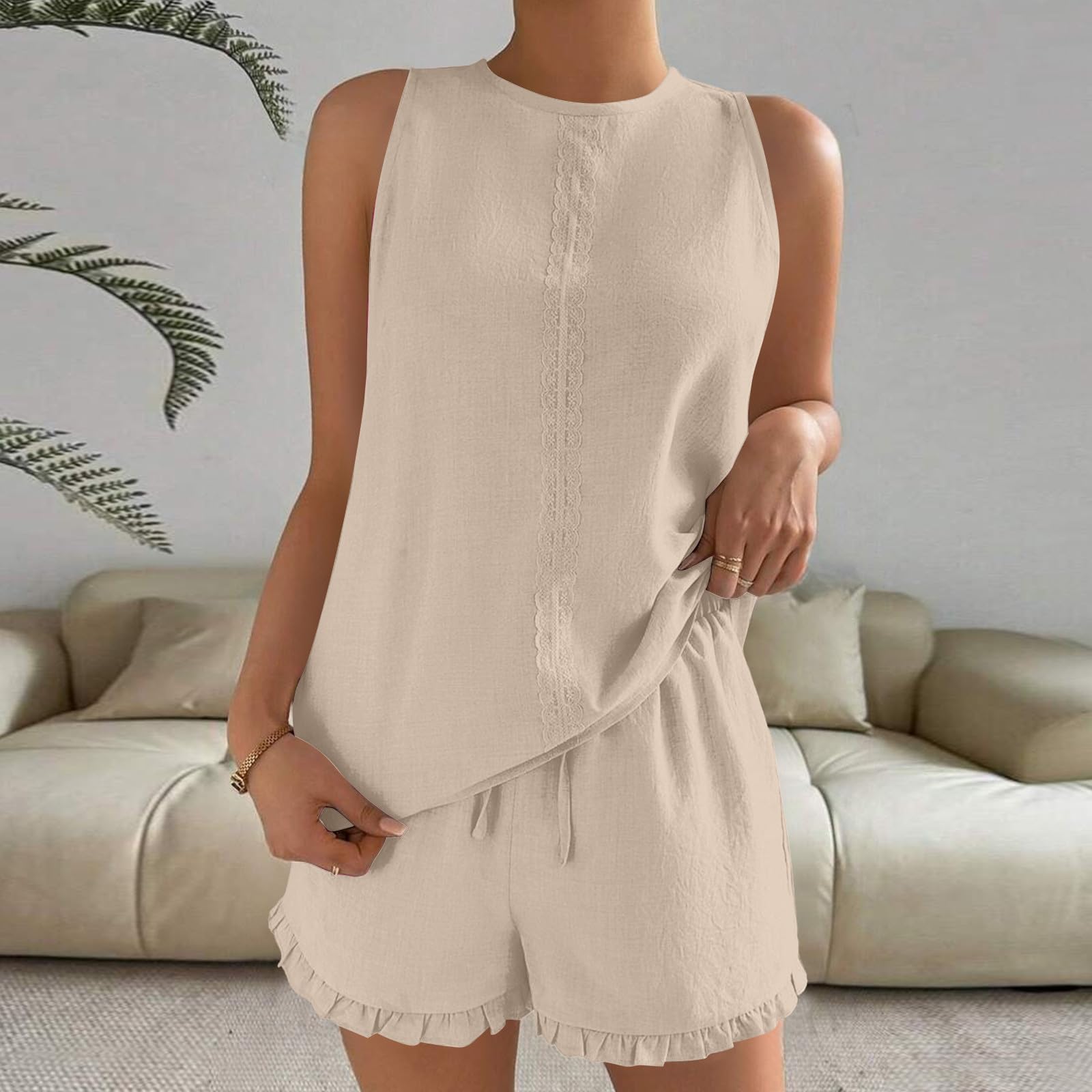 

Women s Two Piece Cotton Linen Outfits Sleeveless Tank Top And Ruffle Hem Shorts Sets Casual Loungewear L бежевый