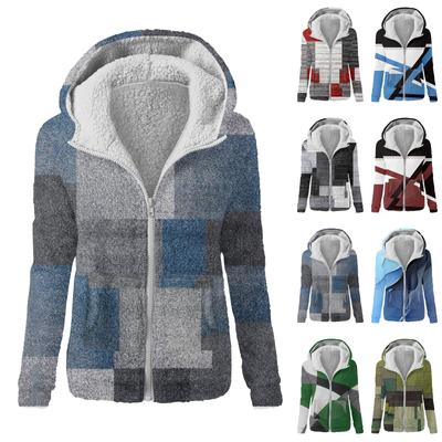 Women's Fashion Geometric Patchwork Print Hooded Plush Casual Top Zipper Jacket