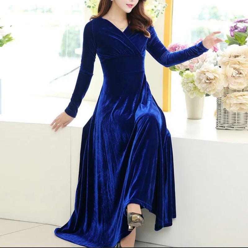 2025 New Autumn/Winter Plus Size Velvet Dress Long Sleeved, V Neck, Big Swing Gown for Evening Parties and Banquets