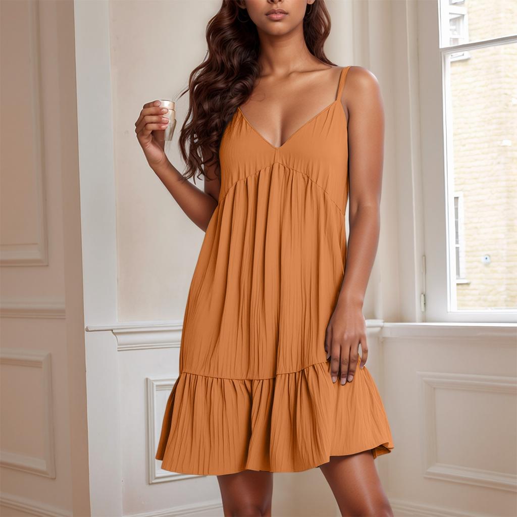 Women's Fashionable Solid Color Sexy V Neck Suspender Sleeveless Beach Vacation Loose Dress