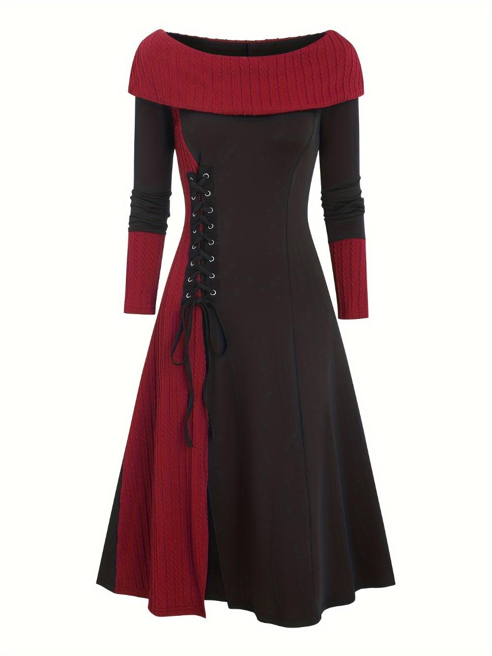 

Платье на шнуровке с цветными блоками, повседневное трикотажное платье с длинными рукавами и вырезом-лодочкой на осень и зиму, женская одежда XXL красный