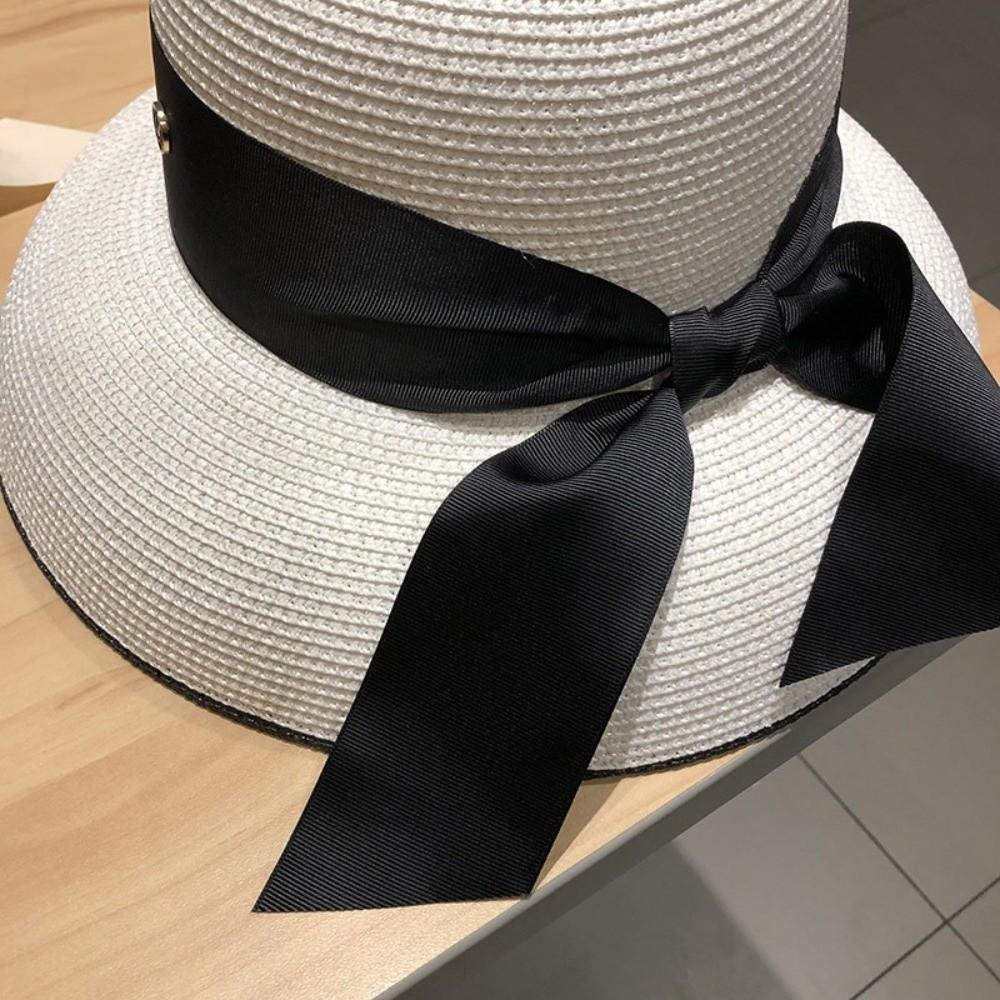 Bow Detail Wide Brim Hat Sun Protection Summer Sun Cap Elegant Beach Bucket Hat  Travel