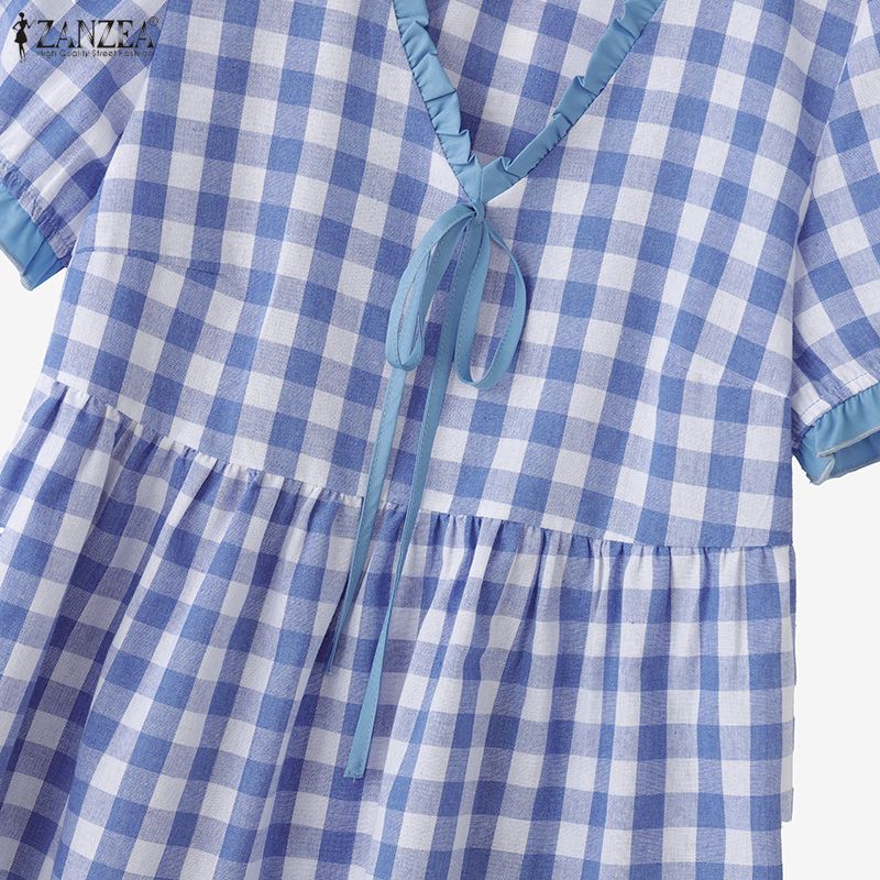 ZANZEA Women Summer Casual V-Neck Plaid Print Short Sleeve Blouse