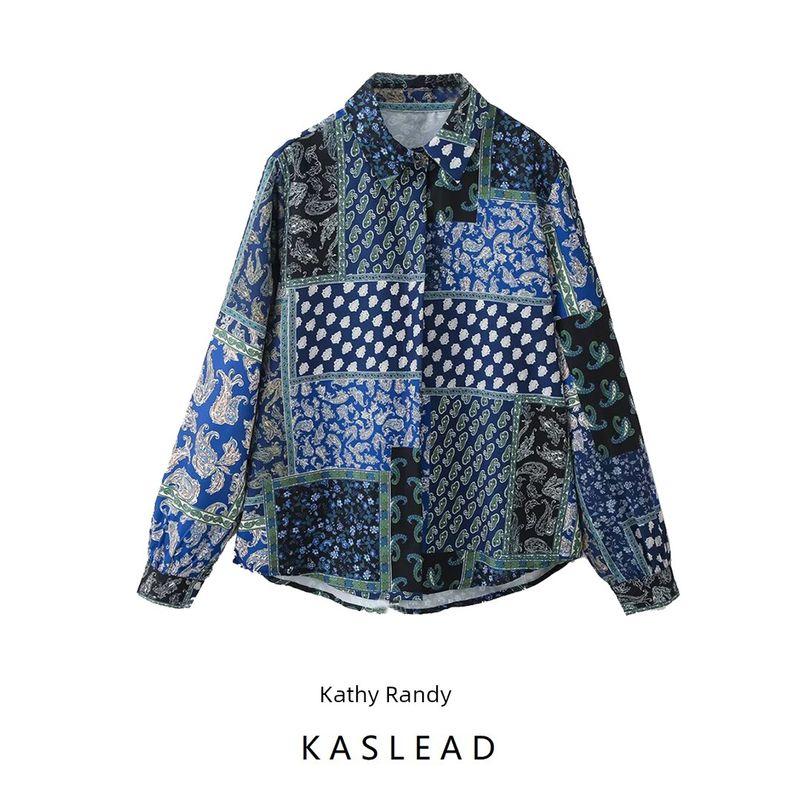 Kaslead New Arrival Women's Fashion Style Patchwork Print Silk Satin Texture Shirt 2298073
