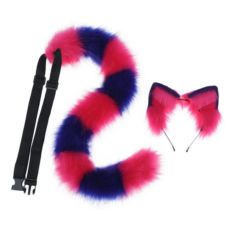 Plush Cheshire Cat Ears Headband Tail Set Cosplay Anime Convention Costume Accessory Adult
