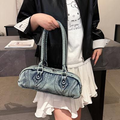Niche Design Bowling Bag Women's Large Capacity Shoulder Bag Retro Trend Women's Denim Handbag